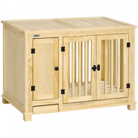 Pawhut Meubles De Caisse En Bois Pour Chien Avec Tiroir De Rangement Pour Bol, Table D'Extrémité De Chenil Avec Coussin Pour Sm