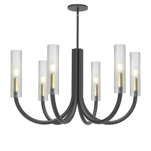 Dainolite Wand 6 Light Chandelier Matte Black/Aged Brass Frosted Glass Lamp|Lustre Wand de Dainolite en verre givré, avec fini noir mat et laiton vieilli et 6 ampoules