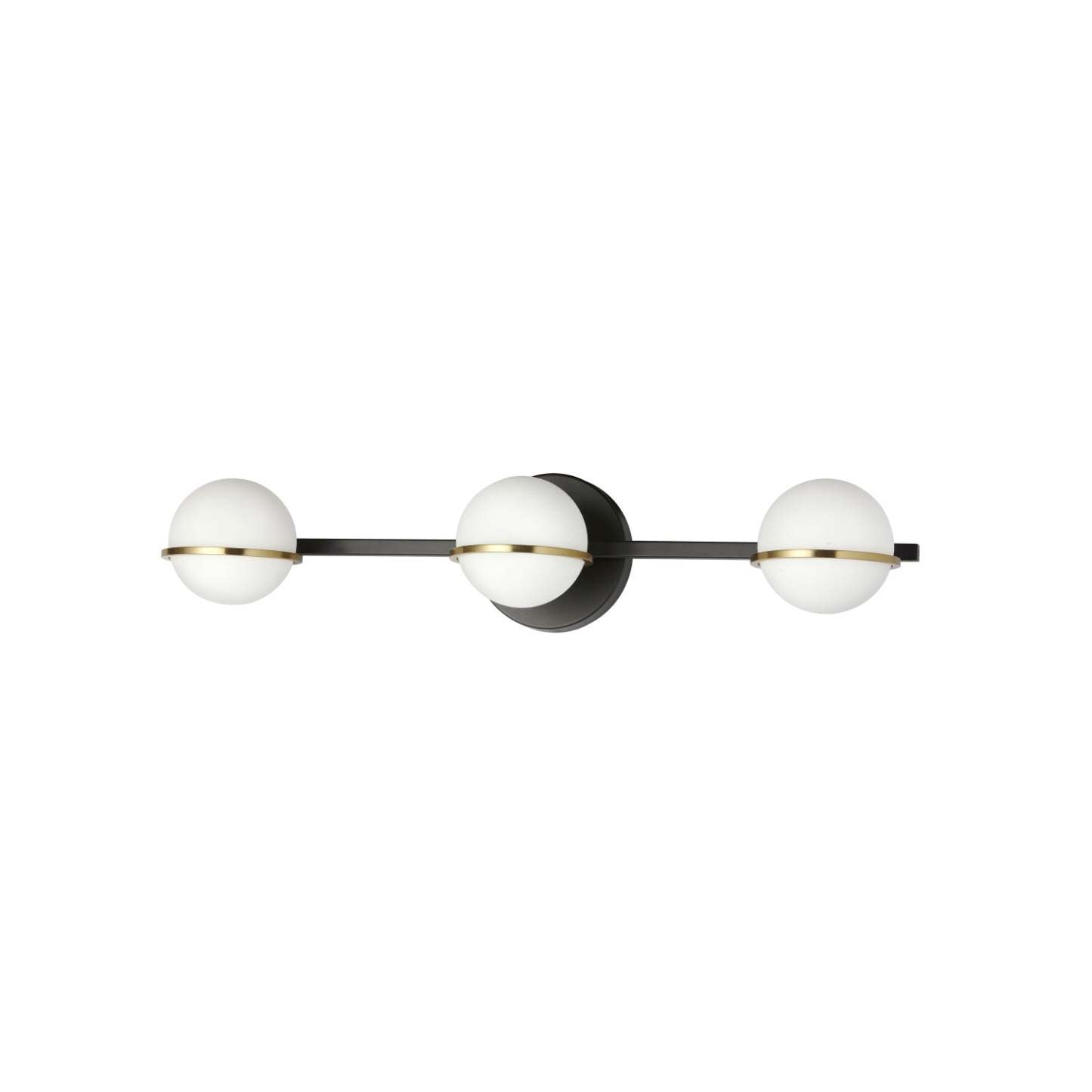 Dainolite Sofia 3 Light Vanity Light Matte Black/Aged Brass White Opal Glass Lamp|Lumière de coiffeuse Sofia de Dainolite en verre blanc opale, avec fini noir mat et laiton vieilli, et 3 ampoules