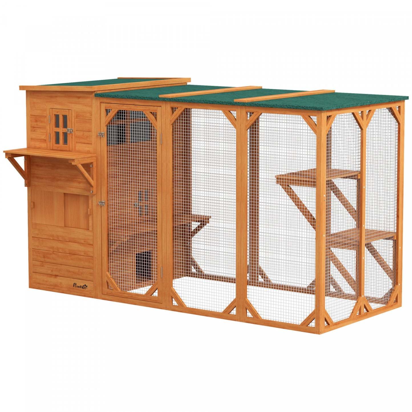 Pawhut Maison en Bois pour Chats, 76l Maison de Chats Extérieure avec Toit en Asphalte, Plates-formes, Portes Verrouillables, Condo de Repos à 3 Niveaux, Fenêtre d'Observation, Pour 2-3 Chats, Orange
