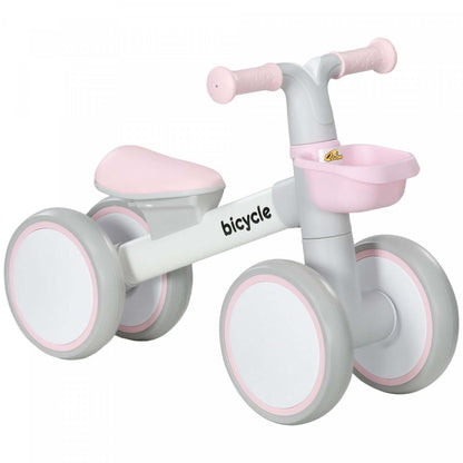 Qaba Baby Balance Bike, vélo d'équilibre pour tout-petits de 12 à 36 mois avec siège réglable, panier amovible, 4 roues silencieuses, vélo sans pédales pour garçons et filles, rose