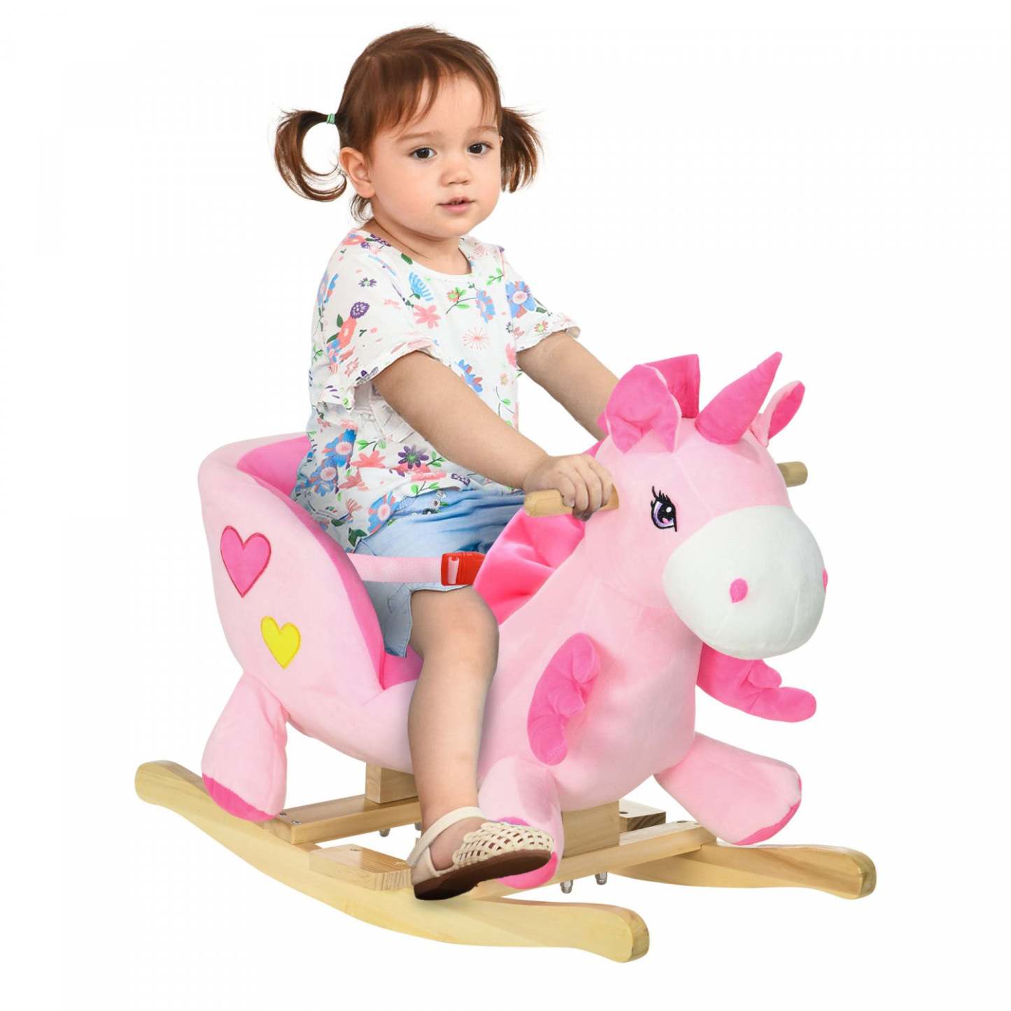 Qaba Cheval A Bascule Pour Bebe Avec Licorne Avec Chansons, Jouet A Bascule Avec Base En Bois, Ceinture De Sécurité