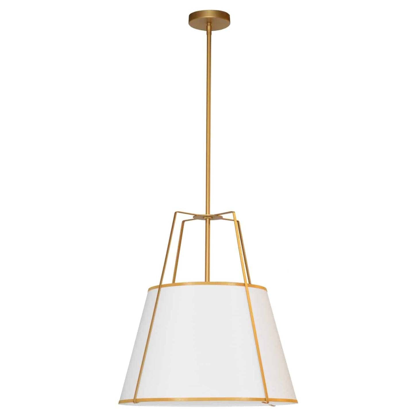 Dainolite Trapezoid 1 Light Pendant Gold/White Shade White Fabric Diffuser Lamp|Luminaire suspendu Trapezoid de Dainolite avec abat-jour doré et blanc qui diffuse la lumière, tissu blanc et 1 ampoule