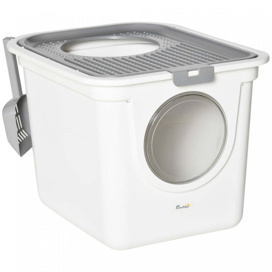 Pawhut Bac à Litière pour Chat, Bac à Litière Fermé avec Entrée Frontale, Sortie Supérieure, Pelle, Toilettes pour Animaux Faciles à Nettoyer pour Chats, Blanc