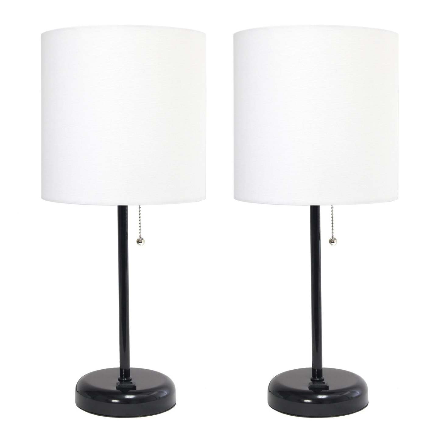 Limelights Ensemble de 2 lampes noires avec prise de recharge et abat-jour en tissu, Ensemble de lampes blanches|Ensemble 2 lampes Limelights blanches avec pied mince noir et prise de recharge|D2172NK2
