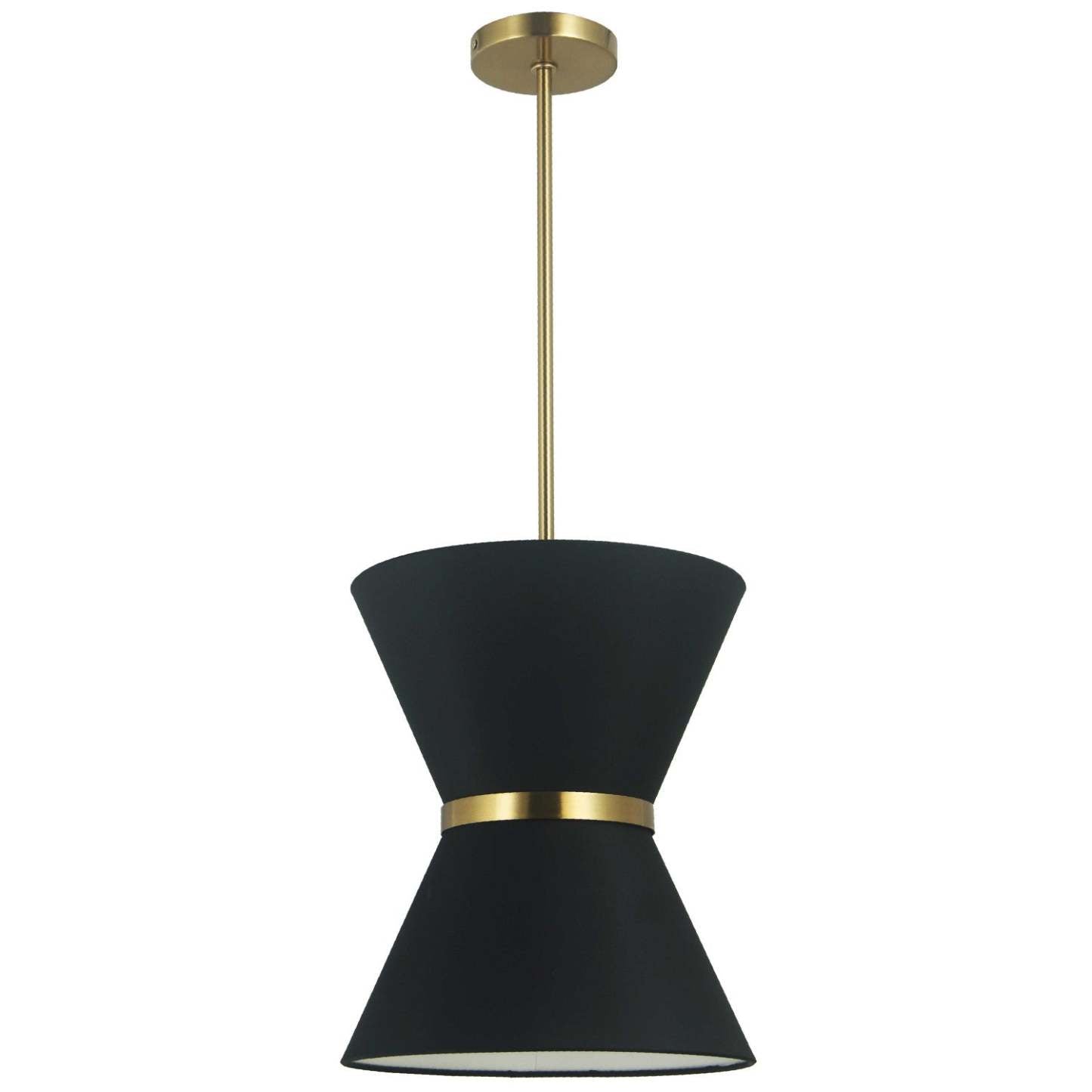 Dainolite Caterine 1 Light Pendant 12 Dia Aged Brass Finish Gold Ring/Black Shade Lamp|Luminaire suspendu Caterine de Dainolite de 12 po de diamètre, avec abat-jour noir, anneau argenté, fini laiton vieilli et 1 ampoule