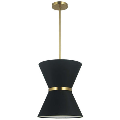 Dainolite Caterine 1 Light Pendant 12 Dia Aged Brass Finish Gold Ring/Black Shade Lamp|Luminaire suspendu Caterine de Dainolite de 12 po de diamètre, avec abat-jour noir, anneau argenté, fini laiton vieilli et 1 ampoule