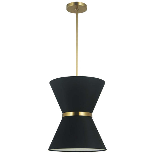 Dainolite Caterine 1 Light Pendant 12 Dia Aged Brass Finish Gold Ring/Black Shade Lamp|Luminaire suspendu Caterine de Dainolite de 12 po de diamètre, avec abat-jour noir, anneau argenté, fini laiton vieilli et 1 ampoule
