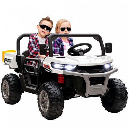 Aosom voiture à deux places, 12v 7ah UTV pour enfants, camion benne à conduire avec benne électrique et pelle, télécommande, suspension à 4 ressorts, musique, lumières, pour garçons et filles, blanc