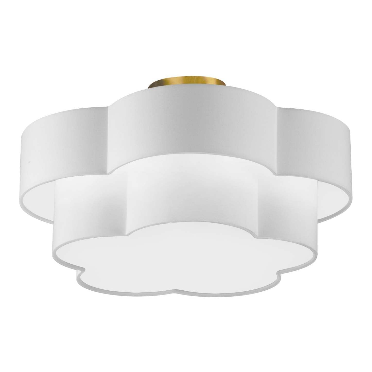 Dainolite Phlox 3 Light Flush Mount Large Aged Brass White Shade Lamp|Grand plafonnier affleuré Phlox de Dainolite avec abat-jour blanc, fini laiton vieilli et 3 ampoules