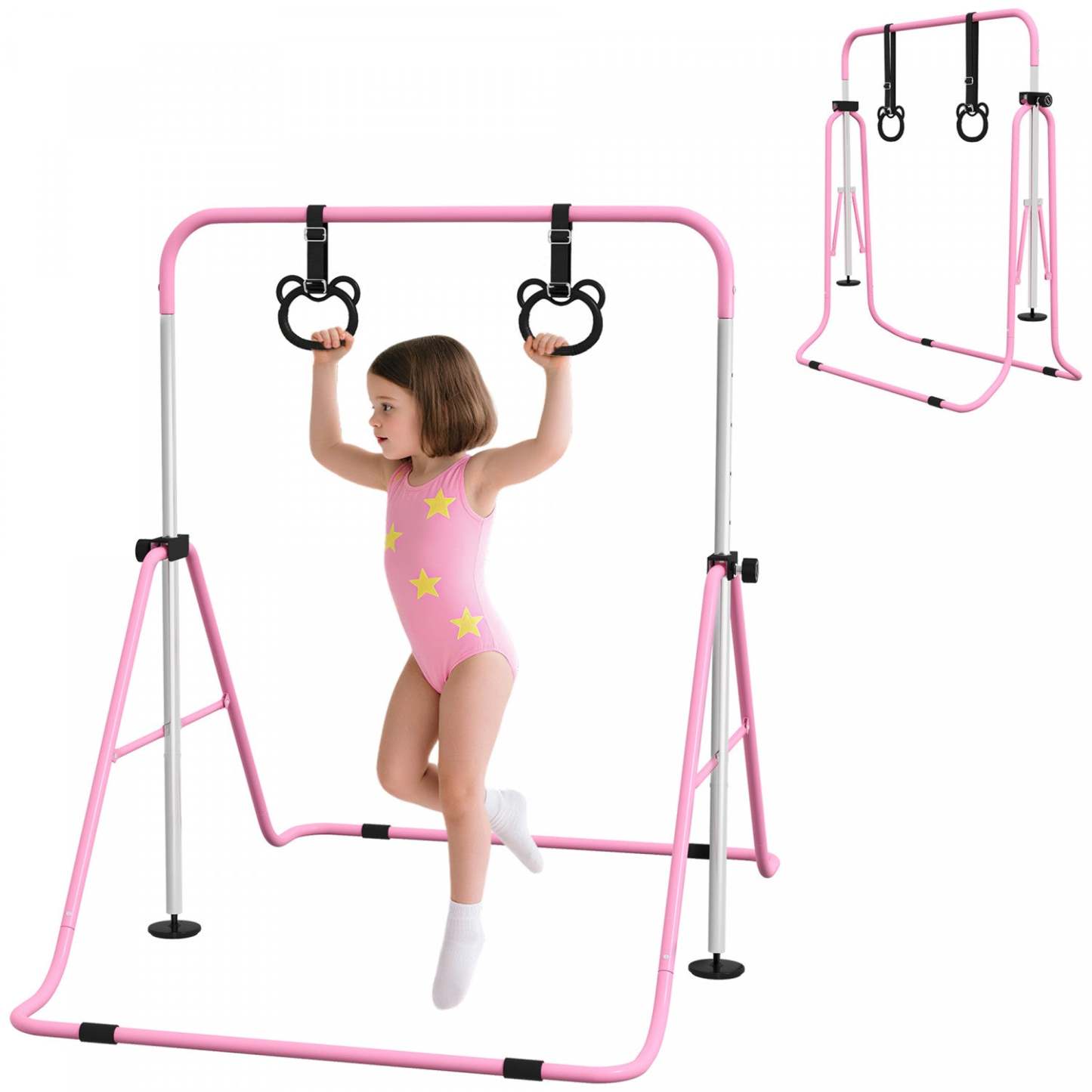 Barre de gymnastique Qaba pour enfants, hauteur réglable de 35 à 50, barre horizontale pliable avec anneaux de gymnastique, anneaux de sol en caoutchouc antidérapants, pour équipement d'entraînement à domicile, rose