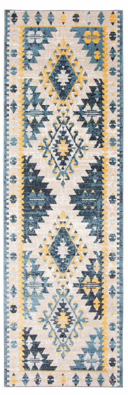 Tapis mosaïque taupe/bleu lavable en machine - 2'6 x 8'0|Carpette Mosaic taupe et bleue lavable à la machine - 2 pi 6 po x 8 pi 0 po|D86FKSIA