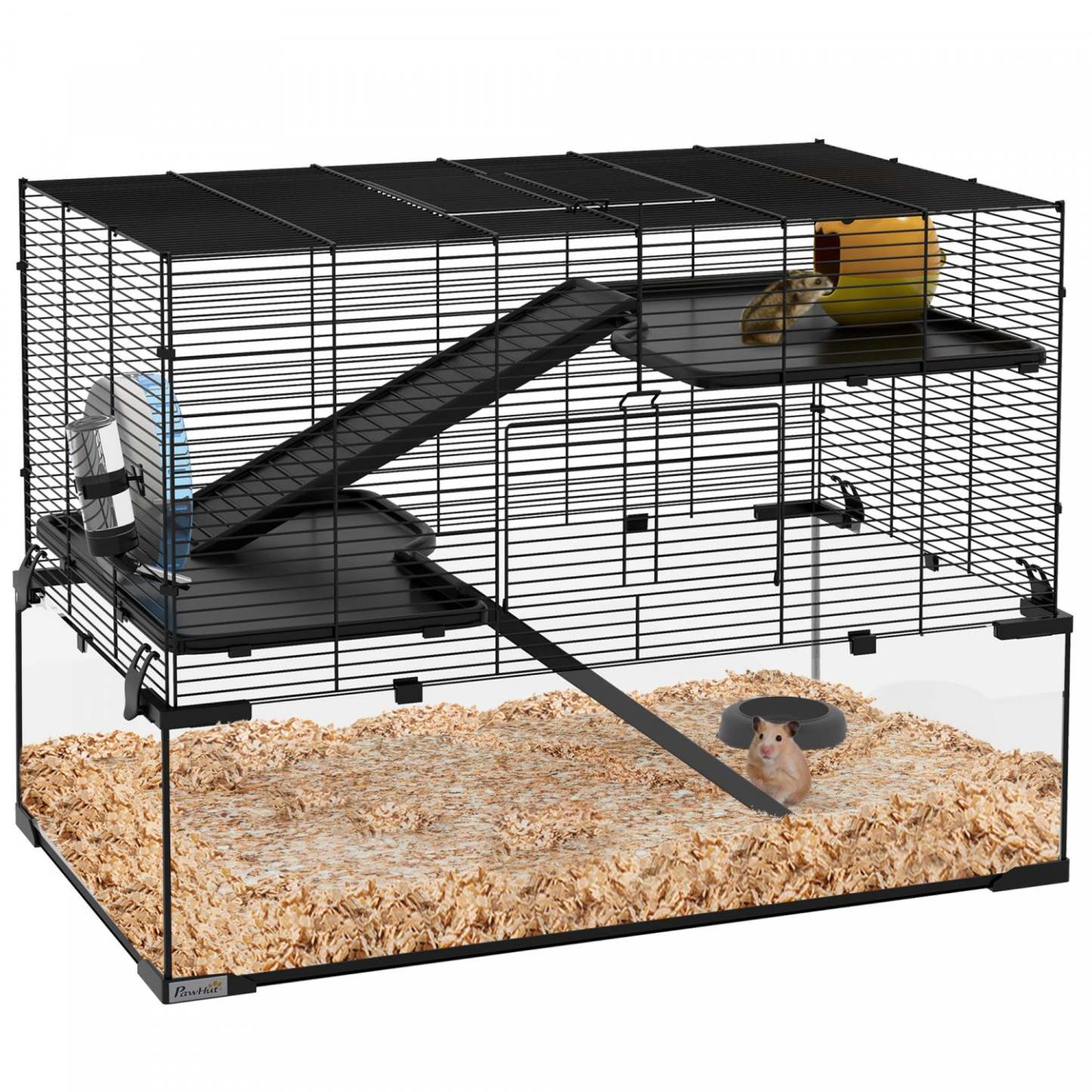 Pawhut Hamster Cage, Cage à Gerbilles Avec Bassin En Verre, Rampes, Plates-formes, Cabane, Roue D'Exercice, Pour Syrien