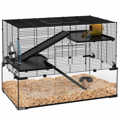 Pawhut Hamster Cage, Cage à Gerbilles Avec Bassin En Verre, Rampes, Plates-formes, Cabane, Roue D'Exercice, Pour Syrien