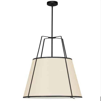 Dainolite Trapezoid 3 Light Pendant Trapezoid Black/Cream Drum Shade White Fabric Diffuser Lamp|Luminaire suspendu trapézoïde Trapezoid de Dainolite avec abat-jour cylindrique noir et crème qui diffuse la lumière, tissu blanc et 3 ampoules