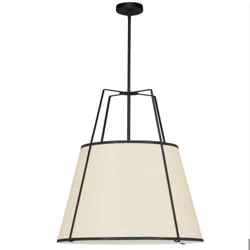 Dainolite Trapezoid 3 Light Pendant Trapezoid Black/Cream Drum Shade White Fabric Diffuser Lamp|Luminaire suspendu trapézoïde Trapezoid de Dainolite avec abat-jour cylindrique noir et crème qui diffuse la lumière, tissu blanc et 3 ampoules