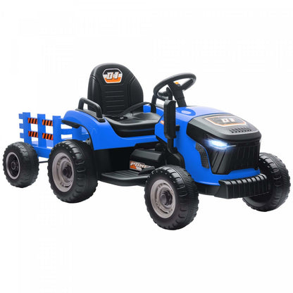 Tracteur à pédales Qaba Kids avec remorque, voiture électrique alimentée par batterie 12v avec télécommande, musique, lumières, levier de vitesses, véhicule électrique pour enfants de 3 à 8 ans, bleu