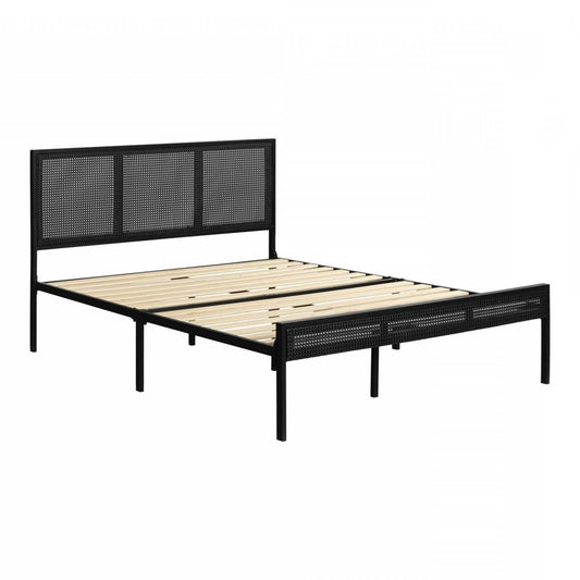 Hoya Natural Cane Metal Full Platform Bed - Pure Black|Lit double plateforme Hoya en métal avec cannage naturel - noir solide