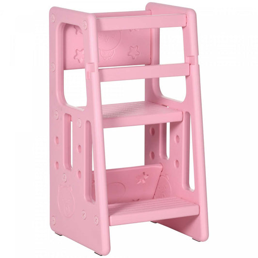 Qaba Tabouret Pour Enfants 2 Marches Avec Plateforme Réglable En Hauteur Et Rail De Sécurité, Rose|Qaba Toddler Kitchen Helper 2 Step Stool With Adjustable Height Platform And Safety Rail, Pink