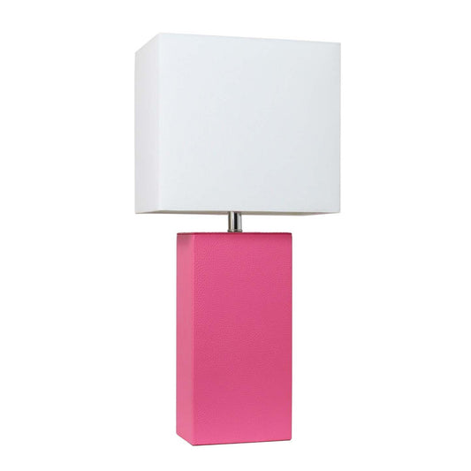 Lampe de table moderne Elegant Designs en cuir avec abat-jour en tissu blanc, rose vif | D210N0WM