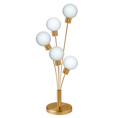 Lampe de table Budding Branch de Dainolite en verre blanc, avec finition laiton vieilli et 5 ampoules