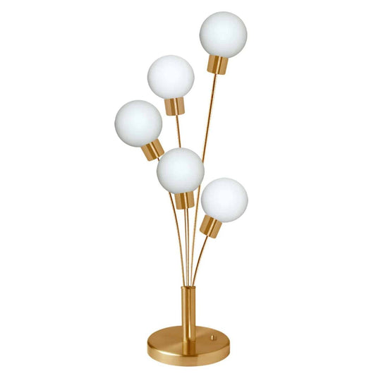 Lampe de table Budding Branch de Dainolite en verre blanc, avec finition laiton vieilli et 5 ampoules