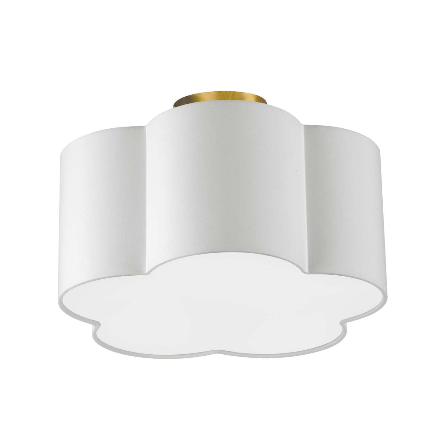Dainolite Phlox 3 Light Flush Mount Small Aged Brass White Shade Lamp|Petit plafonnier affleuré Phlox de Dainolite avec abat-jour blanc, finition laiton vieilli et 3 ampoules
