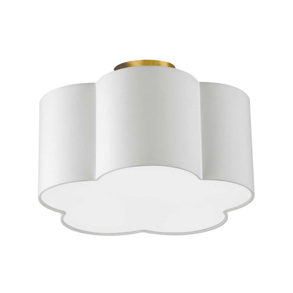 Dainolite Phlox 3 Light Flush Mount Small Aged Brass White Shade Lamp|Petit plafonnier affleuré Phlox de Dainolite avec abat-jour blanc, finition laiton vieilli et 3 ampoules