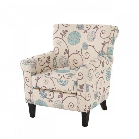 Chaise d'appoint en tissu d'apparence lin Catherine avec pattes en bois - Blanc et bleu | Fauteuil D'appoint Catherine En Tissu aspect lin Avec Pieds En Bois - Blanc Et Bleu