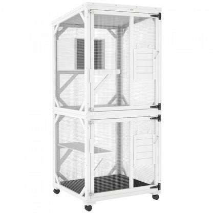 Pawhut 71 H Grande Catio Enclos Extérieur pour Chats, Maison en Bois pour Chatons pour Patio, Design Élevé avec Roues, Boîte de Repos, Résistante à l'Eau, Multi-Plateformes, Pour 1-3 Chats, Blanc