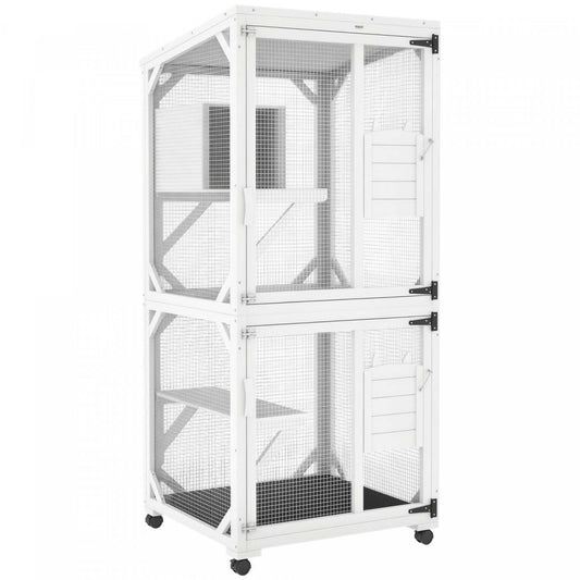 Pawhut 71 H Grande Catio Enclos Extérieur pour Chats, Maison en Bois pour Chatons pour Patio, Design Élevé avec Roues, Boîte de Repos, Résistante à l'Eau, Multi-Plateformes, Pour 1-3 Chats, Blanc