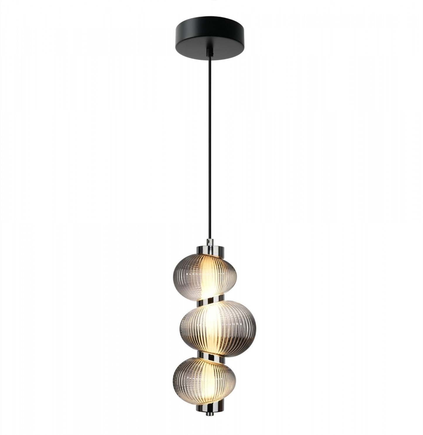 Suspension LED intégrée Ariel 13,5, chrome avec lampe en verrerie ombrée de fumée nervurée | Suspension A Del Integrees Ariel De 13,5 po, Noir Avec Verre Ombre Fume Et Nervure