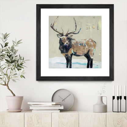 Winter Elk Neutral Matted and Framed Black 36x36 Wall Art|Œuvre d’art murale encadrée noire et mate « Winter Elk Neutral » 36 x 36