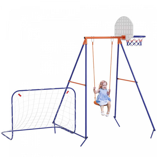 Outsunny Swing Set Pour Enfants Exterieur 3 En 1 Cadre D'oscillation En Metal Avec Siege D'oscillation, Cerceau De Basket Et Fo