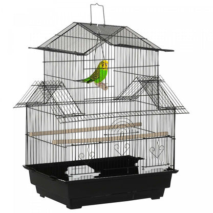 Pawhut 25 Cage à Oiseaux pour Pinsons, Canaris, Perruches, Cage Intérieure pour Perroquet avec Perchoir, Balancelle, Conteneur de Nourriture, Plateau Amovible, Poignée, Noir