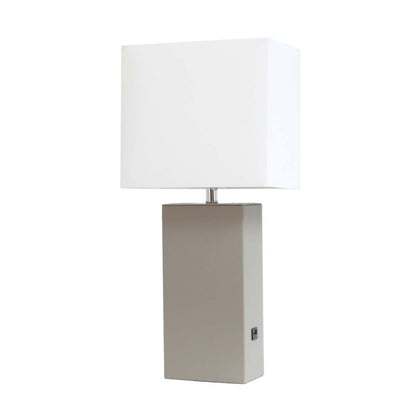 Lampe de table moderne Elegant Designs en cuir avec USB et abat-jour en tissu blanc, gris|Lampe de table moderne Elegant Designs en cuir avec USB, grise|D218300X