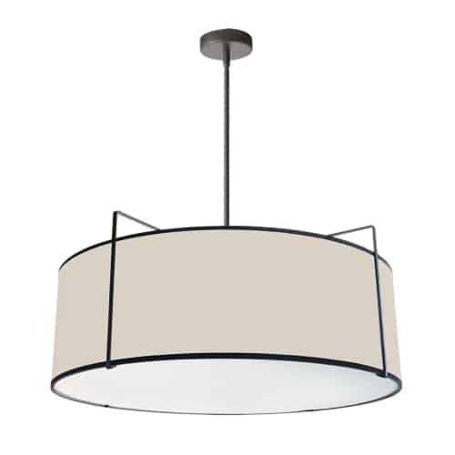 Dainolite Trapezoid 4 Light Pendant Drum Black/Cream Shade White Fabric Diffuser Lamp|Luminaire suspendu Trapezoid de Dainolite avec abat-jour cylindrique noir et crème qui diffuse la lumière, tissu blanc et 4 ampoules