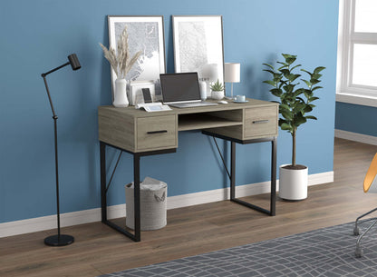 Bureau d'ordinateur 43" avec 2 tiroirs et 1 tablette - Taupe foncé avec base en métal noir | Bureau d'ordinateur de 43 po avec 2 tiroirs et 1 tablette - taupe foncé avec base en métal noir