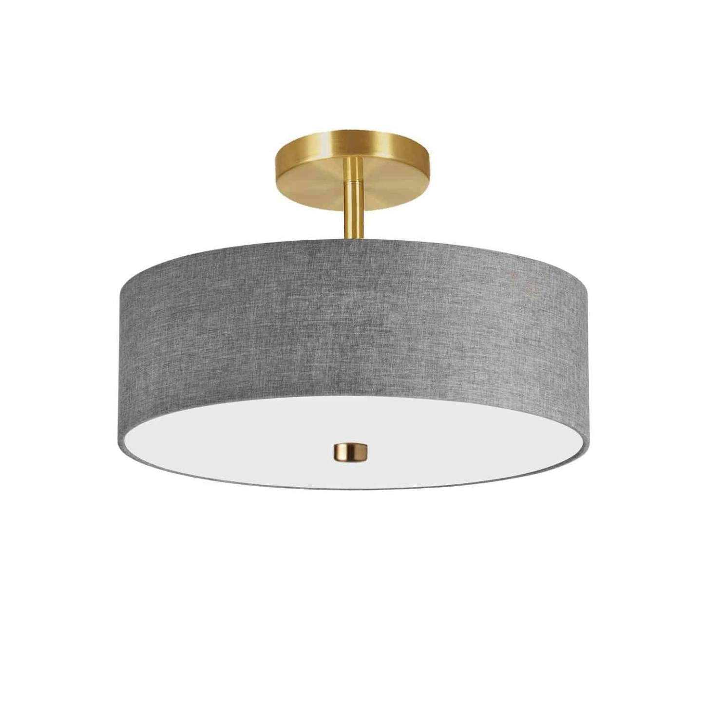 Dainolite Everly 3 Light Semi-flush Mount Aged Brass Grey Shade Lamp|Plafonnier semi-affleuré Everly de Dainolite avec abat-jour gris, fini laiton vieilli et 3 ampoules