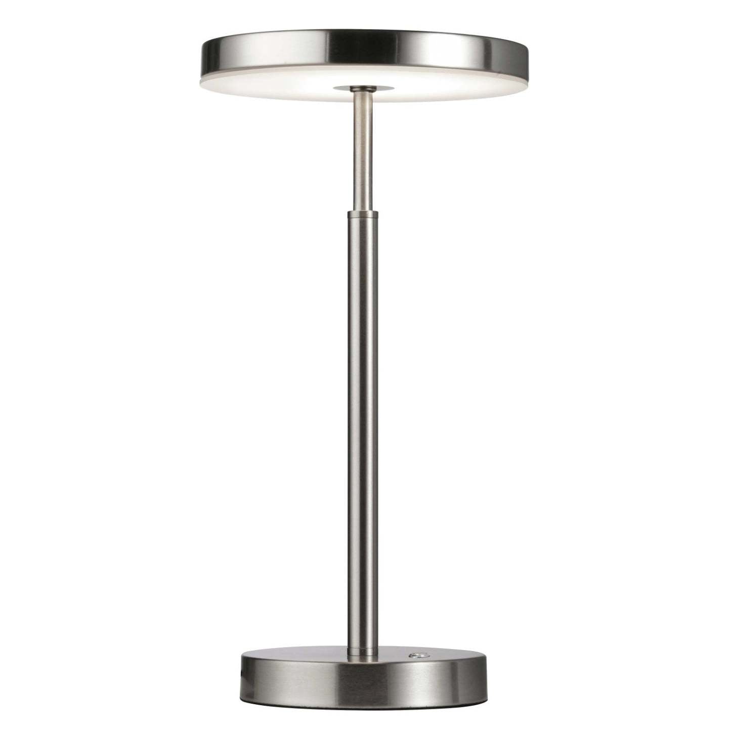 Dainolite Francine Table Lamp 10w Satin Nickel White Acrylic Diffuser|Lampe de table Francine de Dainolite en acrylique blanc qui diffuse la lumière, avec fini nickel satiné et ampoule de 10 W