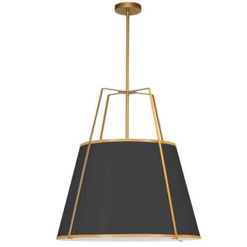 Dainolite Trapezoid 3 Light Pendant Trapezoid Gold/Black Shade White Fabric Diffuser Lamp|Luminaire suspendu Trapezoid de Dainolite avec abat-jour trapézoïde doré et noir qui diffuse la lumière, tissu blanc et 3 ampoules