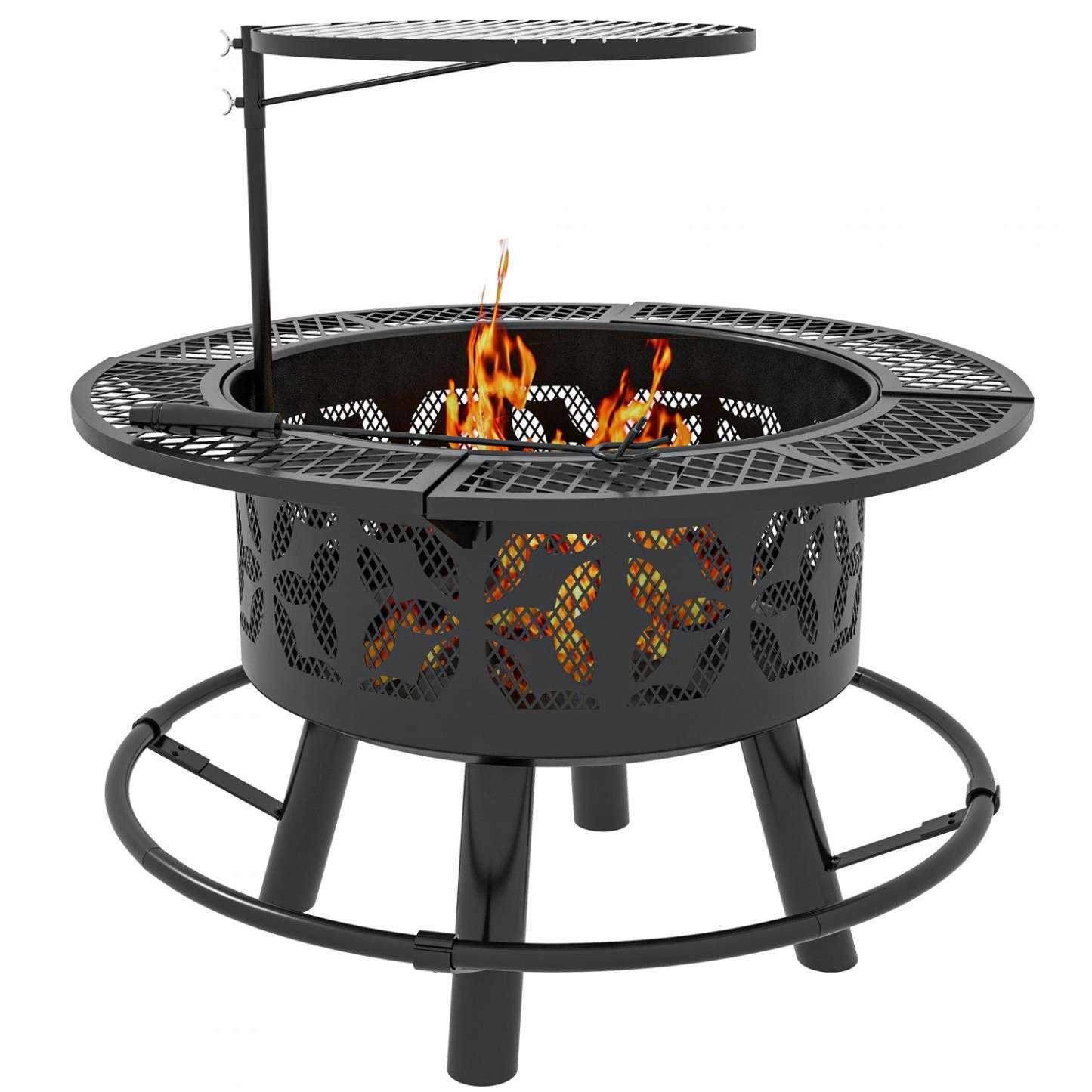 Outsunny Foyer Bbq Grill Avec Grille Et Poêle, Foyer À Bois, Noir|Outsunny Fire Pit Bbq Grill With Grate And Pan, Wood Burning Firepit, Black