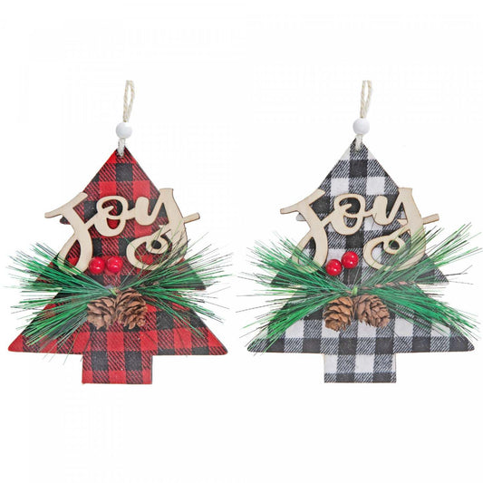 Buffalo Plaid Joy on Tree Wood Ornament - Set of 12 Christmas Ornaments|Ornement en bois « Joy » sur arbre à point à carreaux - ensemble de 12 ornements de Noël
