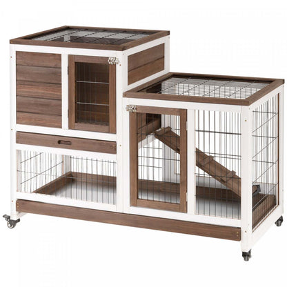 Pawhut Rabbit Hutch Indoor Bunny Cage Guinea Pig House On Wheels With Run, Pull Out Trays, Brown Et|Pawhut Cage A Lapin Surelevee En Bois Habitat Pour Petits Animaux D'intérieur Avec Parcours Ferme Av