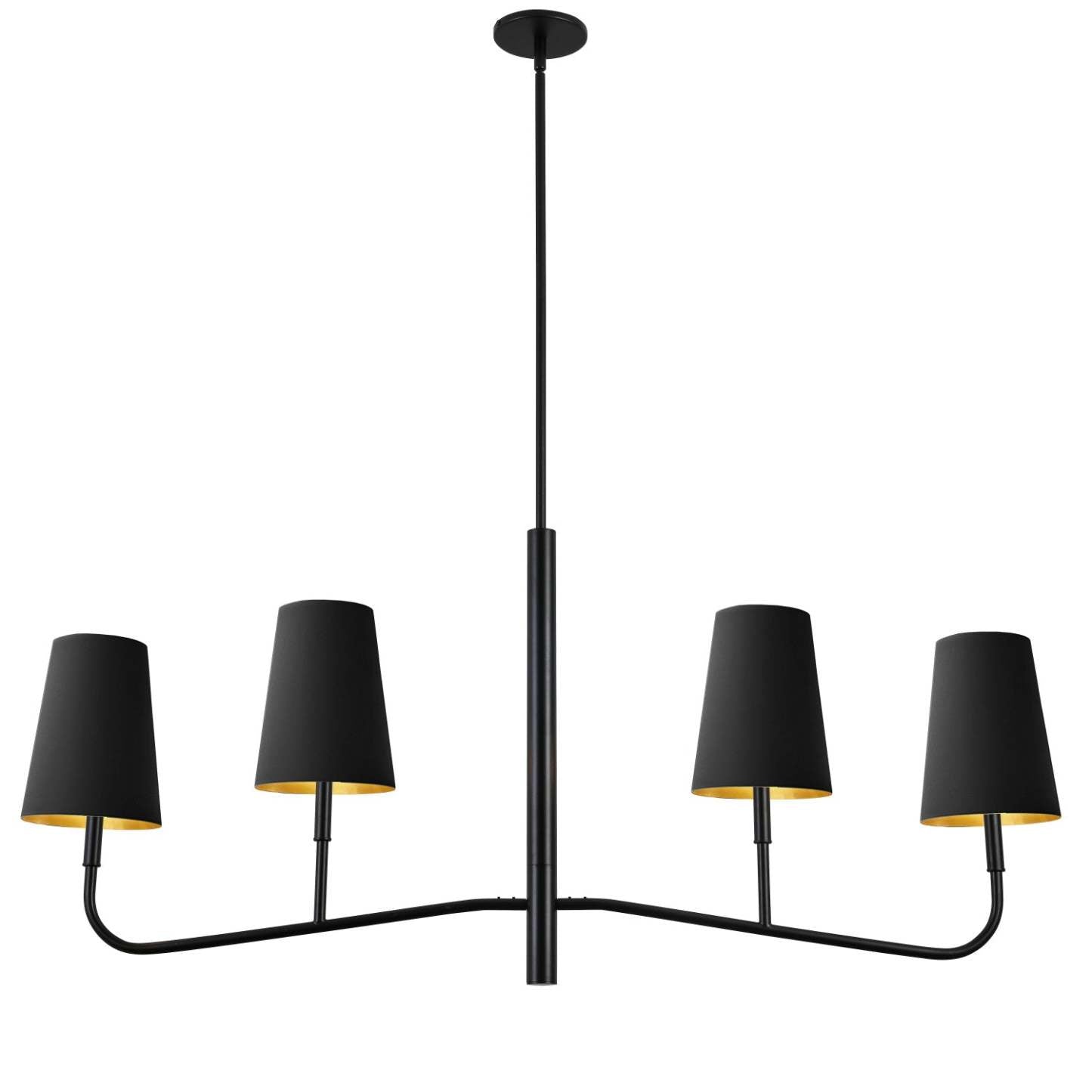Dainolite Eleanor 4 Light Horizontal Chandelier Matte Black Black/Gold Shades Lamp|Lustre horizontal Eleanor de Dainolite avec abat-jour noir et doré, fini noir mat et 4 ampoules