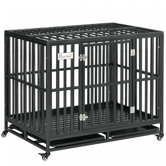 Pawhut Heavy Duty Steel Dog Crate Kennel Pet Cage With Wheels For Portability And A Door For Conveni|Pawhut – Cage En Métal Robuste Pour Chien, Chenil Et Cage, Parc Pour Chien Avec Roues Verrouillables