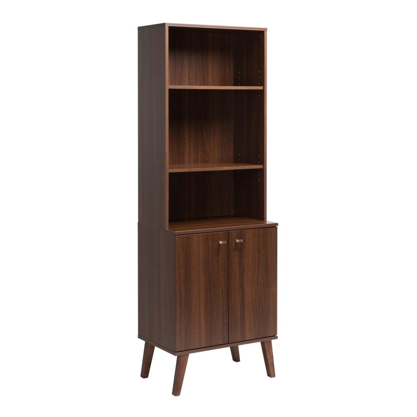 Milo Mid-Century Modern Tall Bookcase with Adjustable Shelves, 2 Doors & Brushed Brass-Finished Knobs - Cherry|Bibliothèque haute moderne du milieu du 20e siècle Milo avec tablettes réglables, 2 portes et poignées au fini laiton brossé - cerisier