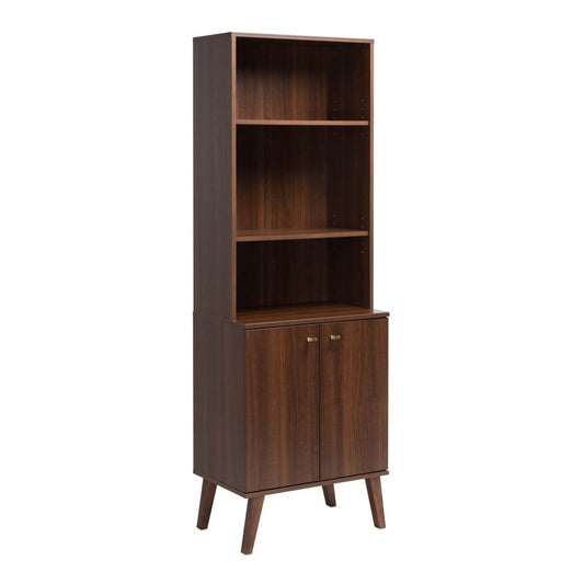 Milo Mid-Century Modern Tall Bookcase with Adjustable Shelves, 2 Doors & Brushed Brass-Finished Knobs - Cherry|Bibliothèque haute moderne du milieu du 20e siècle Milo avec tablettes réglables, 2 portes et poignées au fini laiton brossé - cerisier