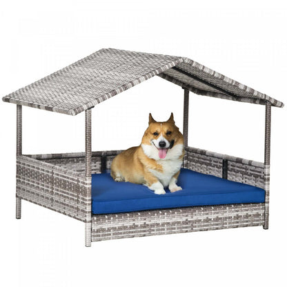 Pawhut Lit Pour Chien En Rotin Sureleve Avec Auvent, Lit De Chien En Osier Avec Coussin Résistant À L'eau, F|Pawhut Elevated Rattan Dog House Outdoor With Canopy, Wicker Dog Bed With Water-resistant Cushion
