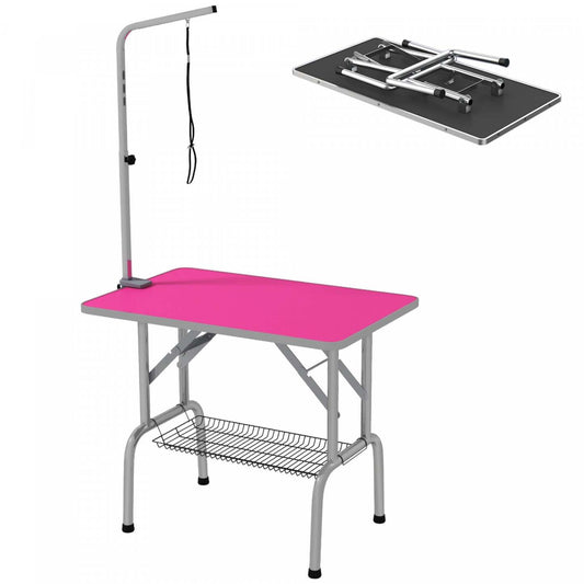 Pawhut Table De Toilettage Pour Chien Avec Bras Réglable, Table De Toilettage Pour Animaux Avec Rangement She|Pawhut Table De Toilettage Pliable En Acier Inoxydable Pour Chien Avec Bras Réglable Et Panier, Rose